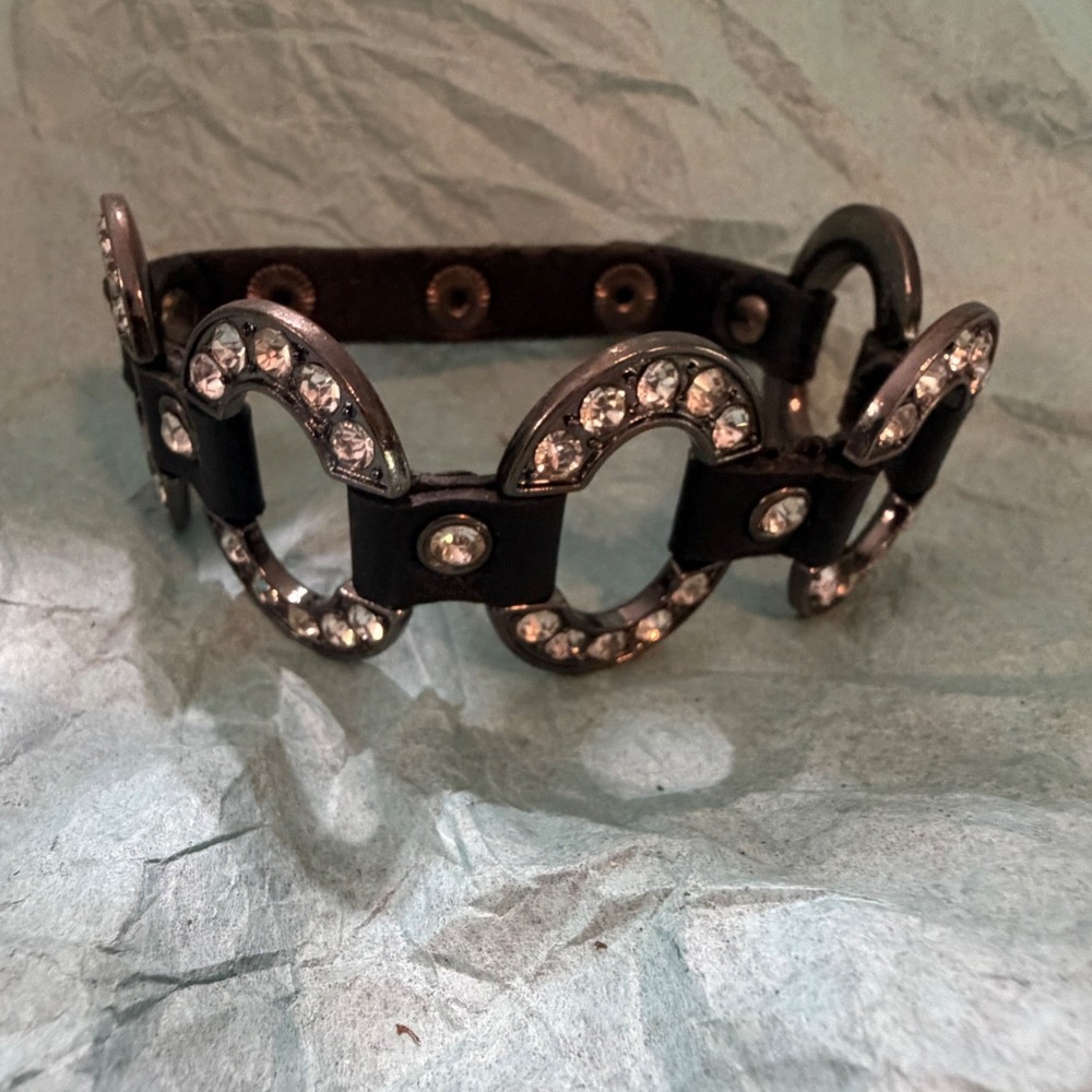 Black Leather Rhinestone Studded Cuff Bracelet Silver Tone Metal Rings Punk Goth